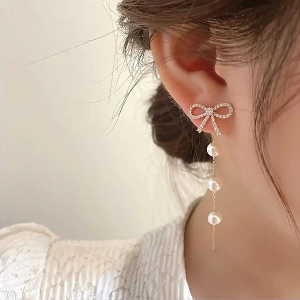 Rhinestone Bow and Faux Pearl Earrings, Bow Earrings